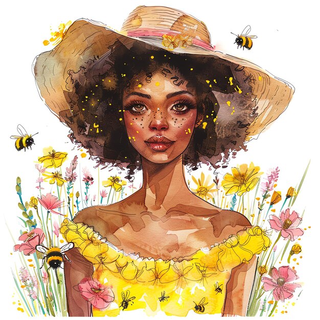 mujer negra en un sombrero de sol rodeada de flores en flor con ilustraciones de abejas