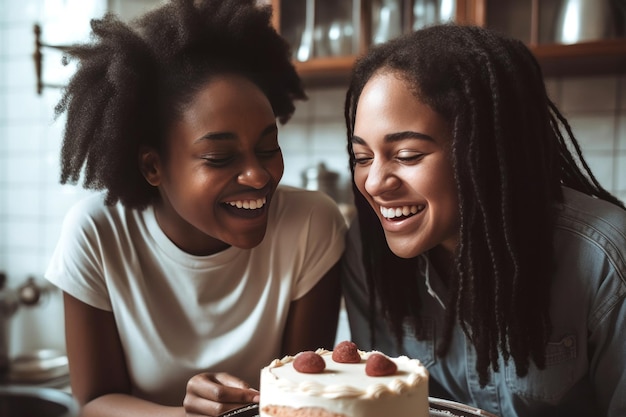 Mujer negra sonriente decorando pastel