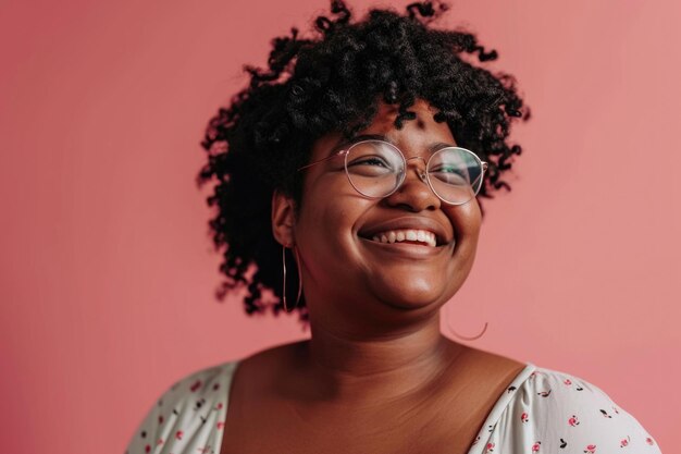 Una mujer negra sonriente con gafas posa felizmente.