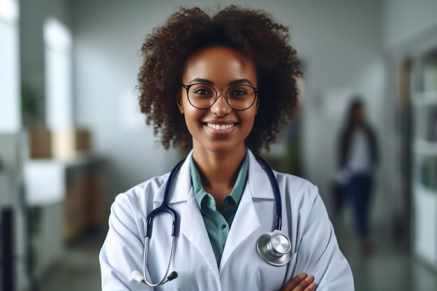 mujer negra sonriente médico con estetoscopio con el brazo cruzado