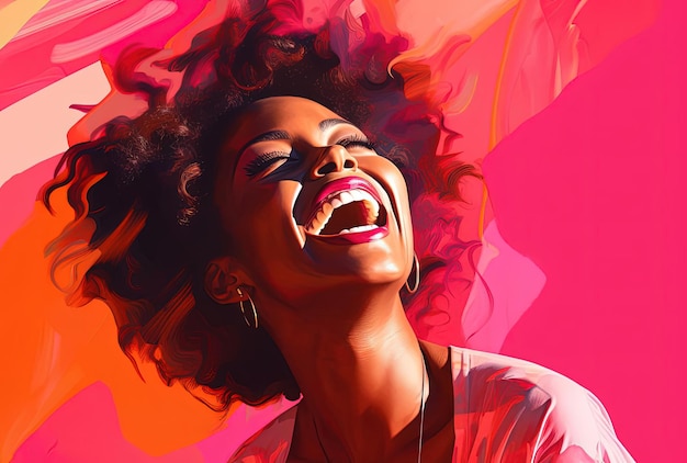 Una mujer negra sonriente riendo sobre un fondo rosa brillante