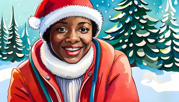 Mujer negra sonriente con sombrero de Navidad al aire libre Ilustración generativa de IA