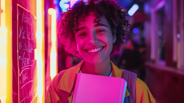 Mujer negra sonriente con una tableta digital en las manos de pie en la luz de neón sobre un fondo púrpura