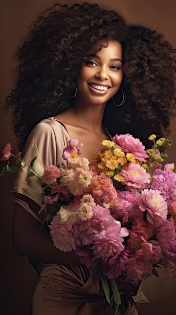 Mujer negra sosteniendo ramo de flores floristería