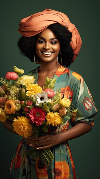 Mujer negra sosteniendo ramo de flores floristería