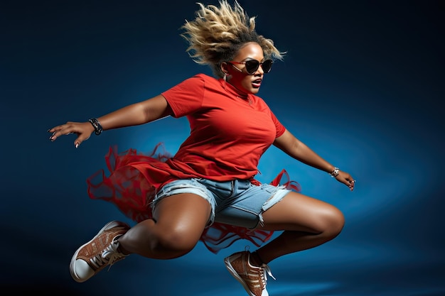 Mujer negra de talla grande con camiseta colorida bailando con entusiasmo divirtiéndose moviéndose