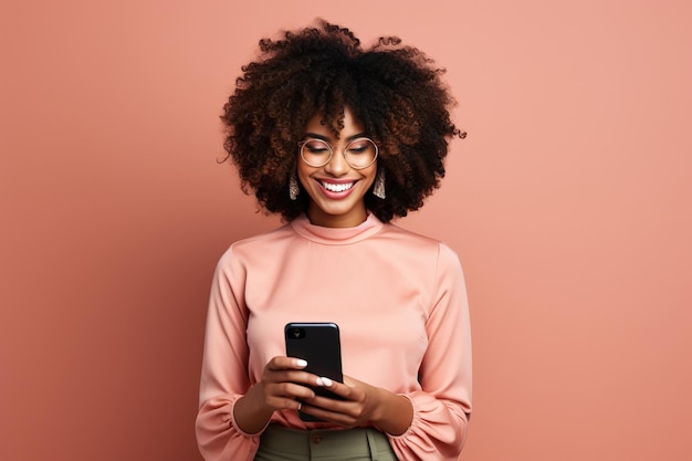 Mujer negra con teléfono en el fondo del estudio