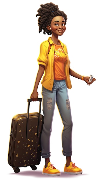 Mujer negra tirando de una maleta con ropa casual