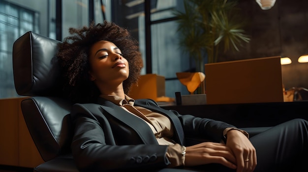 Foto mujer negra tomando un descanso en el salón de la oficina