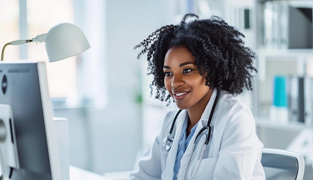 Foto una mujer negra trabaja en una oficina médica en una computadora.