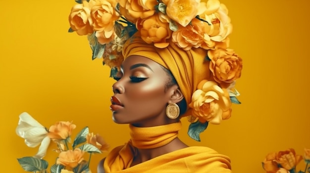 Foto mujer negra con un turbante africano con ropa y productos cosméticos de inspiración floral cosméticos orgánicos de ia generativa