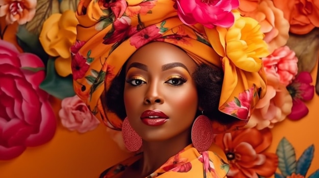 Mujer negra con un turbante africano con ropa y productos cosméticos de inspiración floral Cosméticos orgánicos de IA generativa