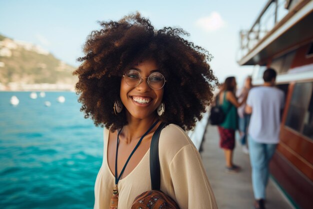 Una mujer negra turista en un crucero