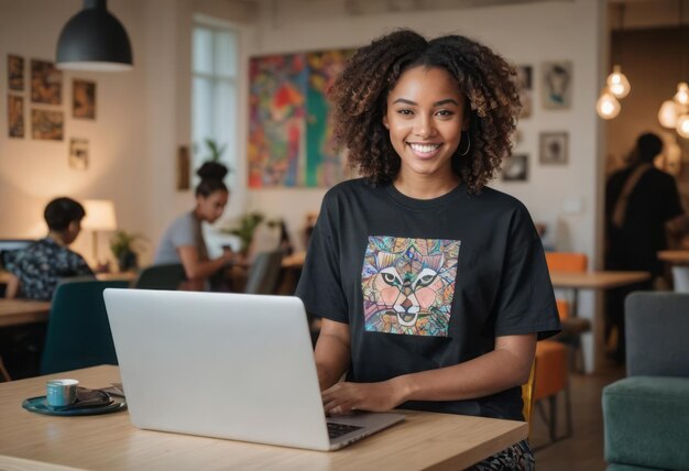 Mujer negra usando una computadora portátil sonriendo en un ambiente de trabajo creativo y casual en una cafetería