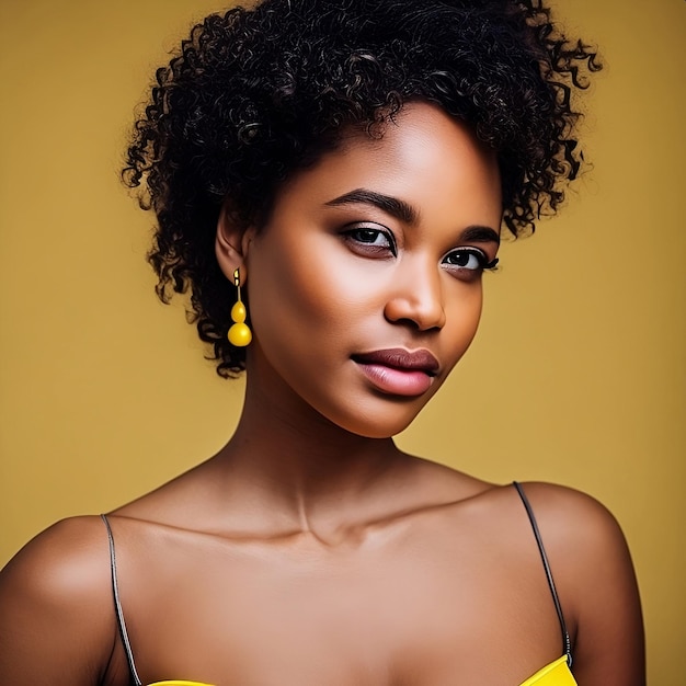 Foto una mujer negra con un vestido amarillo y aretes amarillos.