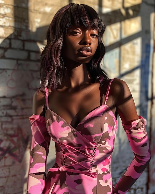 Mujer negra en vestido de camuflaje rosa posando durante la hora dorada de pie con confianza en el área de luz solar vestido de moda