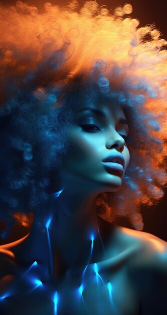 Una mujer negra vibrante con un peinado afro luces de color azul anaranjado vibrante