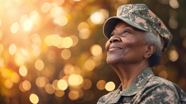 Mujer negra vieja con uniformes militares estadounidenses en fondo bokeh