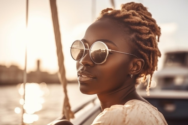 Mujer negra en yate disfrutando del viaje por mar