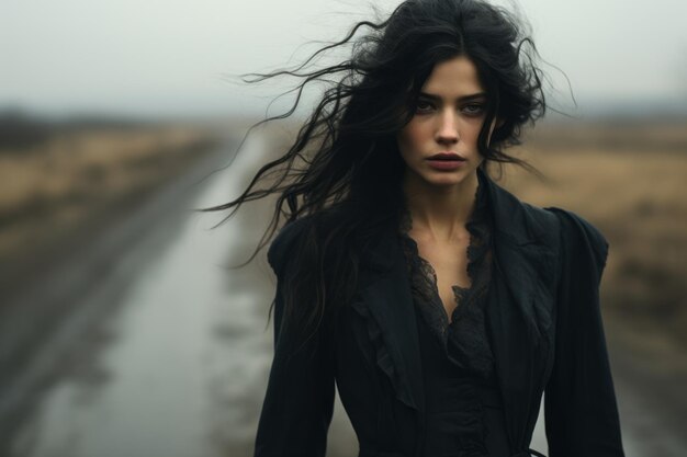 mujer de negro caminando por la carretera