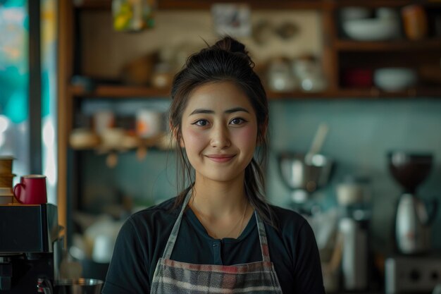 Foto una mujer nepalí con gracia sirviendo en un bistro de fusión japonés