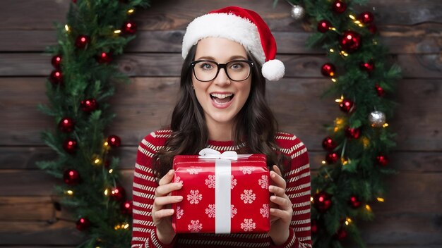 Foto mujer nerd emocionada con un regalo de navidad rojo