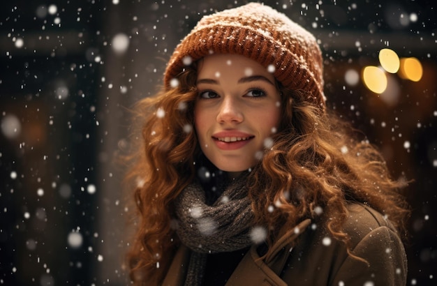 Mujer bajo una nevada en Navidad