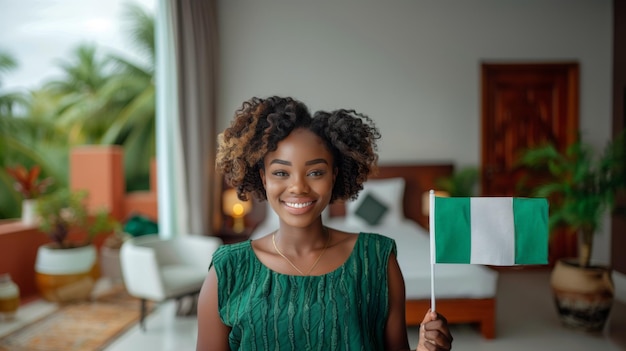 Mujer nigeriana sonriendo con la bandera de Nigeria en un elegante interior