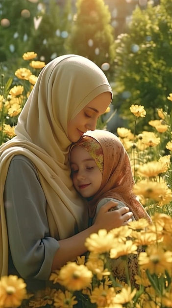 Una mujer y una niña abrazándose en un campo de flores amarillas.