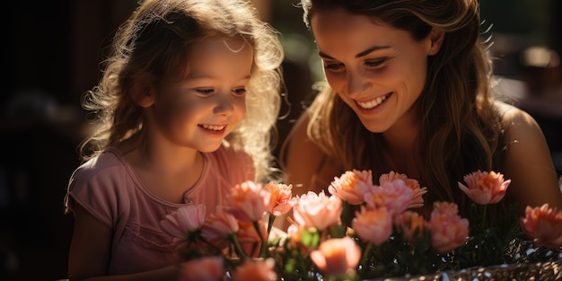 Una mujer y una niña arreglan flores felizmente compartiendo sonrisas y diversión