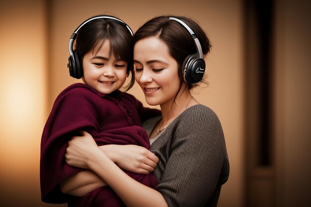 Una mujer y una niña con auriculares.