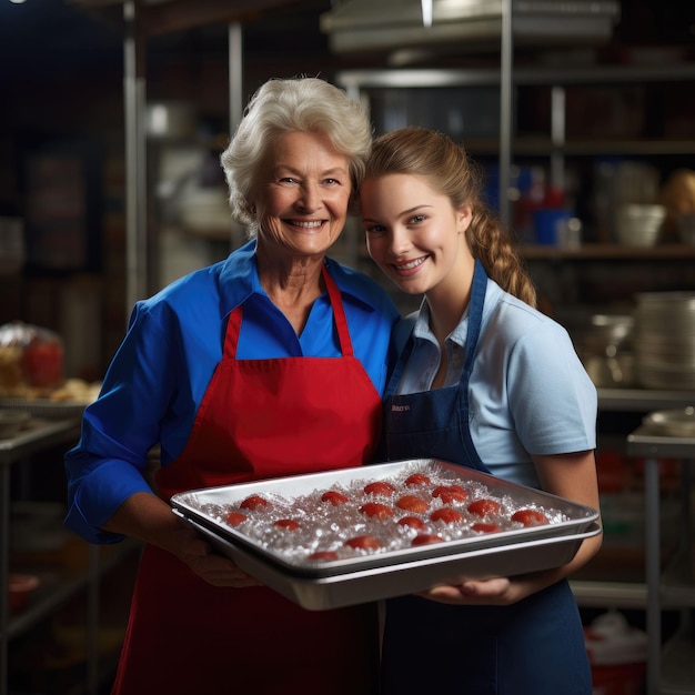 Mujer y niña con una bandeja de comida