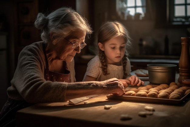 Una mujer y una niña cocinan en una cocina oscura.