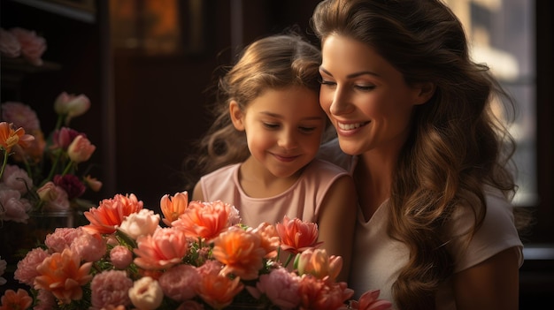 Una mujer y una niña están felizmente sosteniendo un ramo de flores