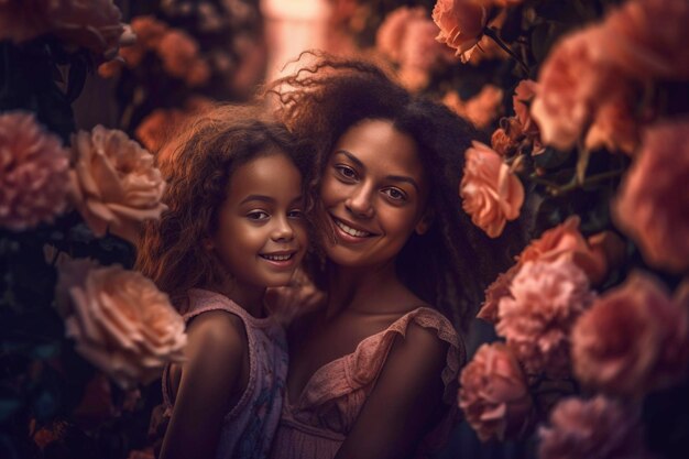 Una mujer y una niña están de pie en un jardín con flores.