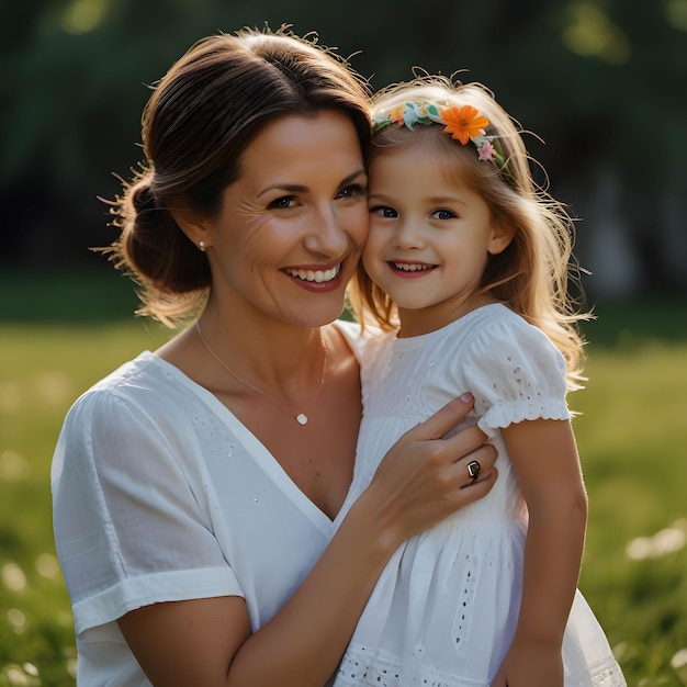 una mujer y una niña están sonriendo en la hierba