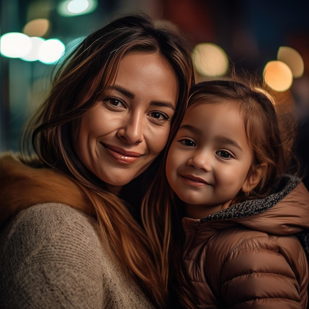 Una mujer y una niña están sonriendo y la mujer lleva una chaqueta marrón.