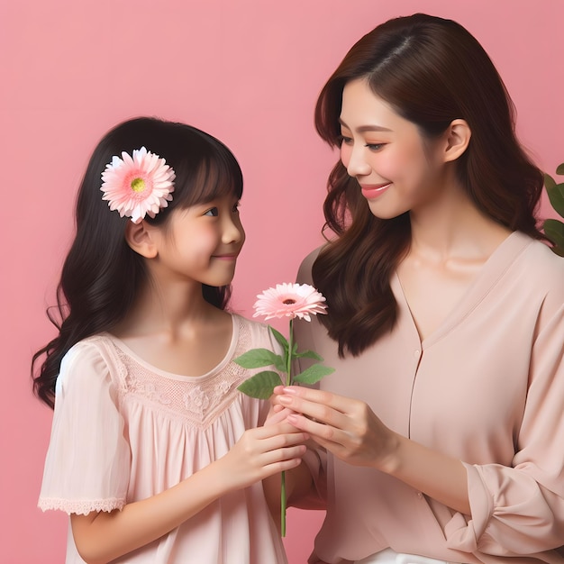 una mujer y una niña están sosteniendo flores y sonriendo