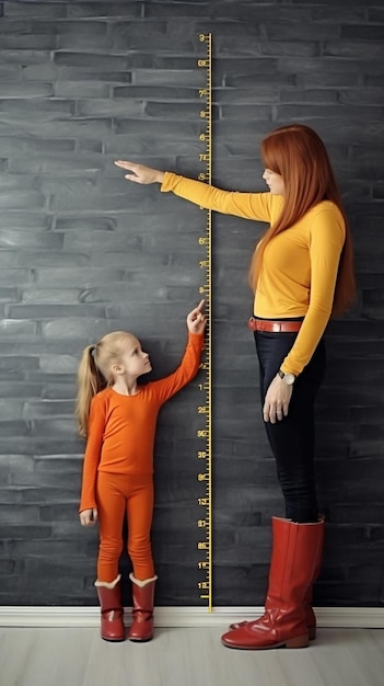 Foto una mujer y una niña de pie junto a una regla alta