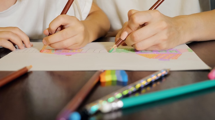 Foto mujer y niña pintando con lápices sobre papel sentado en la mesa en casa