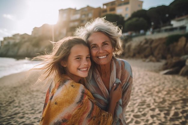 una mujer y una niña en la playa