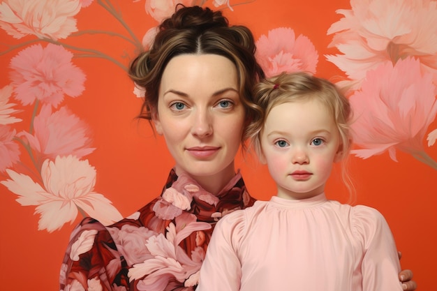 Una mujer y una niña posan felices para una foto juntas en un evento bajo techo Retrato de una madre y su hijo sobre fondo rosa AI generado