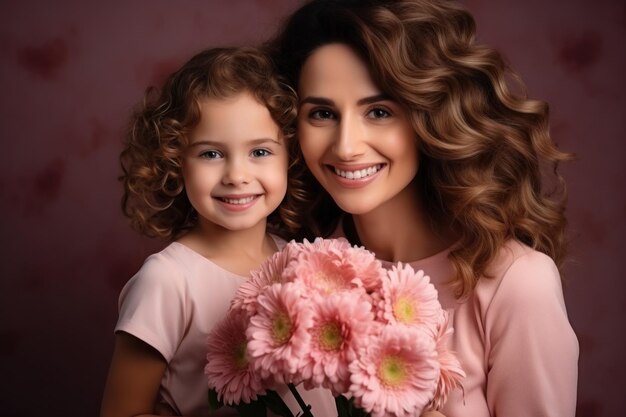 Mujer y niña con un ramo de flores