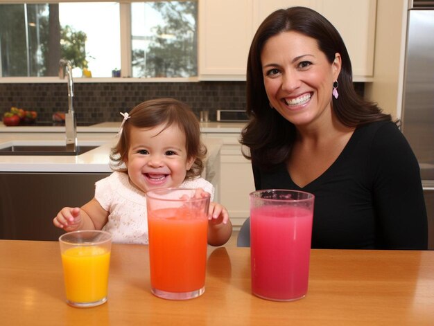 Foto una mujer y una niña sentadas en una mesa con jugos