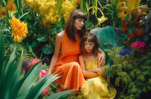 Una mujer y una niña se sientan en un jardín con flores.