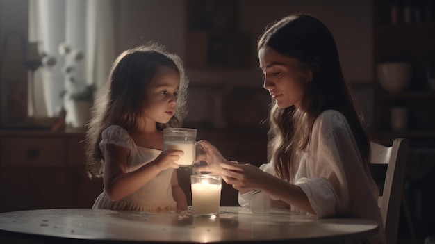 Una mujer y una niña se sientan en una mesa, ambas sostienen un vaso de leche y una vela con la palabra leche.