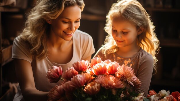 Una mujer y una niña tienen un ramo de flores