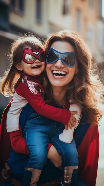 Foto una mujer y una niña vestidas de superhéroes