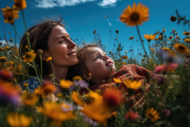 Una mujer y una niña yacen en un campo de flores.