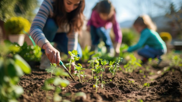 Una mujer y niñas están plantando plantas en un jardín AIG41